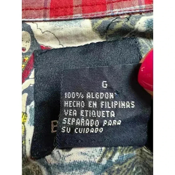 Bugle Boy Vintage Men's Large Plaid Denim Pocket Hawaiian Flowers Shirt 90s - Picture 7 of 9